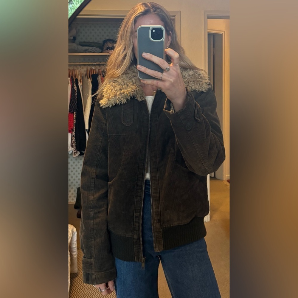 Vintage Brown Corduroy Fleece Lined with Tan Sherpa Collar Zip Up Bomber Jacket - Picture 4 of 10